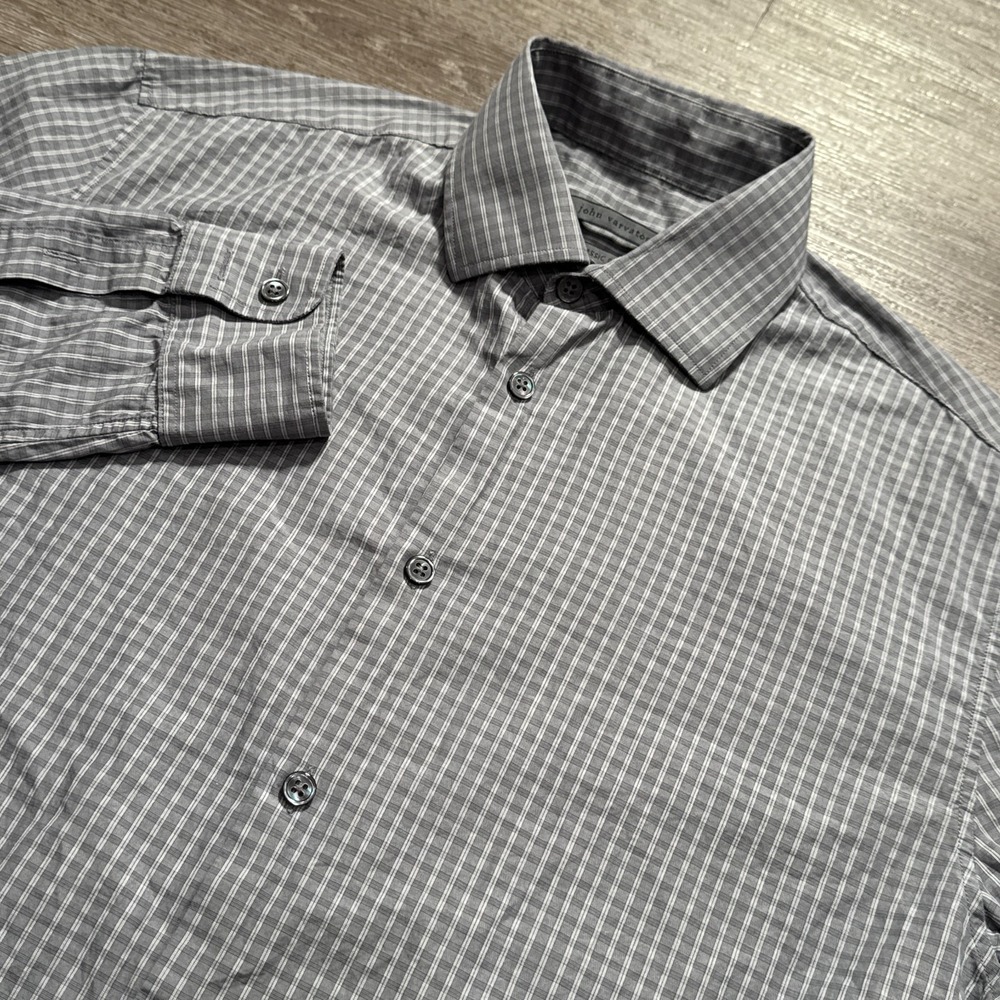 John Varvatos Shirt 14.5 32 33 Gray Plaid Long Sleeve Button Up Preppy Cotton